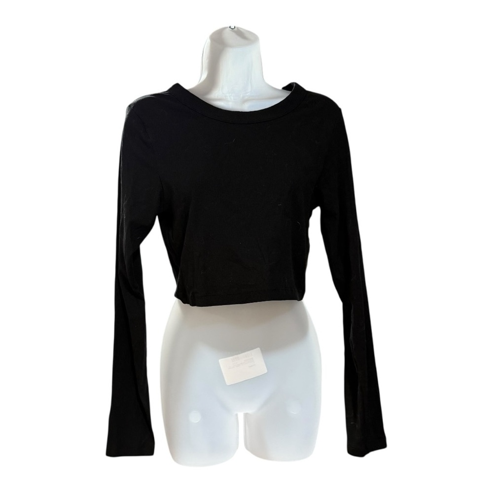 PINK Victoria's Secret Crop Top Women Large Black Excellent Ribbed‎ Long Sleeve